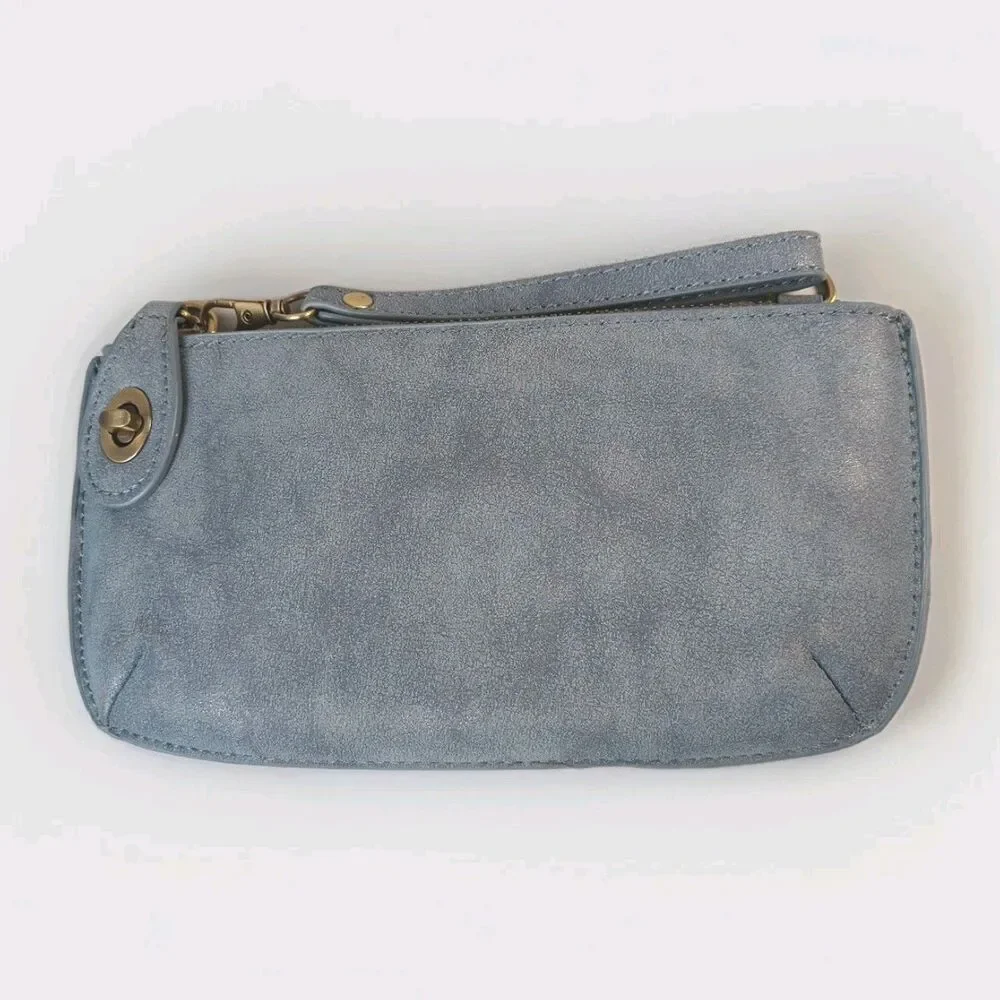 Joy Wallet Wristlet‎ Clutch Card Holder Blue Grey Faux Leather Purse Miss Chain